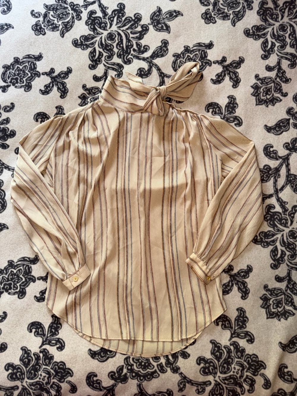 Striped Tie-Neck Long-Sleeve Blouse - Cream/Beige